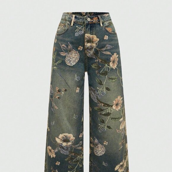 Denim - Blue Casual Women's Floral Printed Washed Loose Wide Leg Jeans